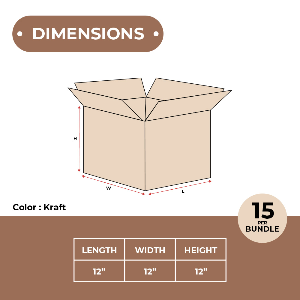 12 x 12 x 12" Double Wall Boxes, ECT-32 Brown Shipping/Moving Boxes 15/Bundle